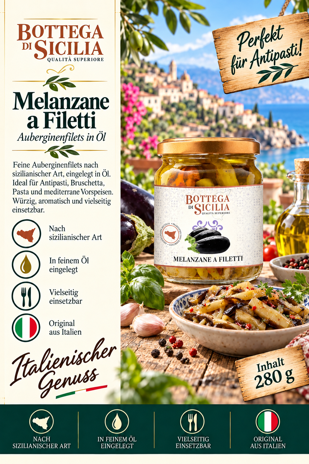 Melanzane, Filetti, Olio d'oliva in vetro, Genuinità italiana, Contenuto 280 g