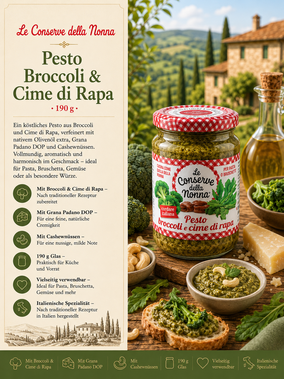 Pesto, Brokkoli, Cime di Rapa, Glas jar, Italienische Spezialitaet