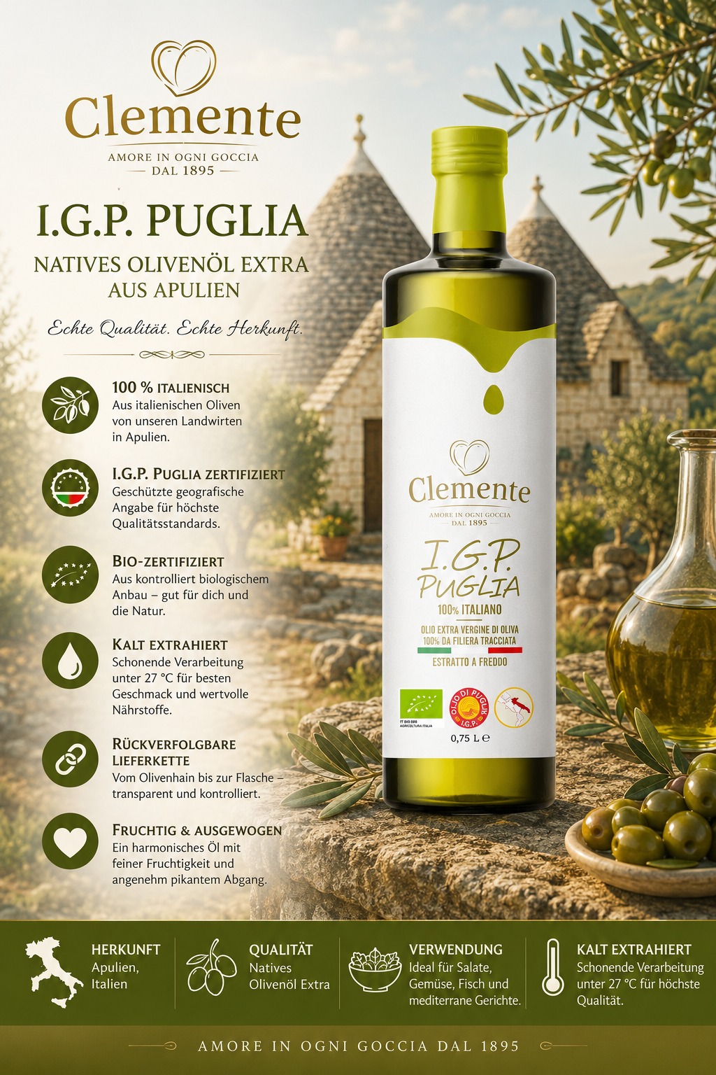 Olivenöl, Extra Vergine, Italienisch, Puglia, Flasche