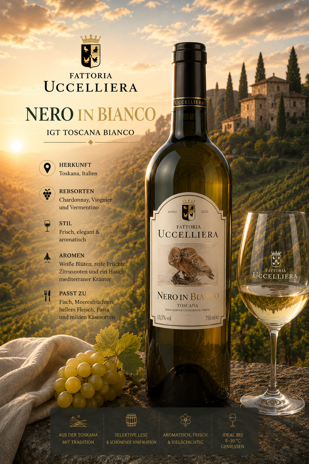 Weißwein, Toskana, Nero in Bianco, Weinglas, Flasche