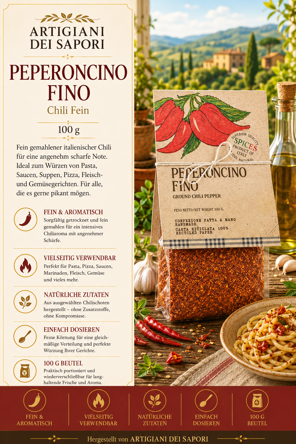 Chili, Chili-Flocken, Chilipulver, Gourmet-Gewürz, 100 g Packung