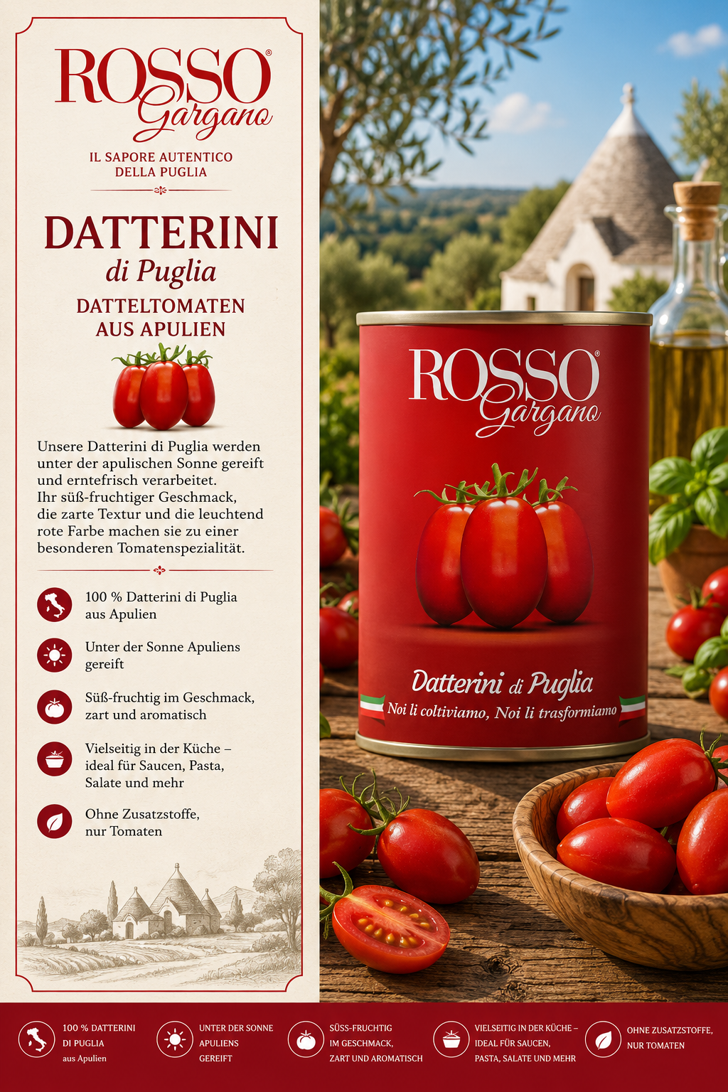 Tomate Dose, Datterini Tomaten, Tomaten aus Puglia, Italienische Dose, Rot tomato