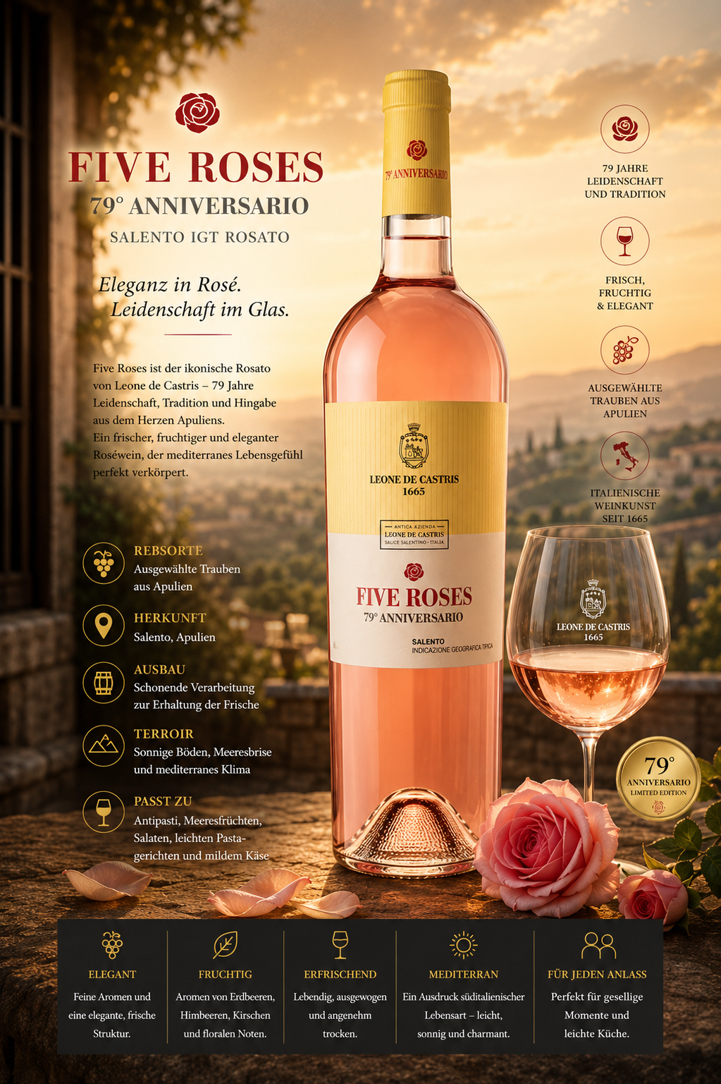 Rosé, Weinflasche, Five Roses, 70 Jahre Jubiläum, Roséwein