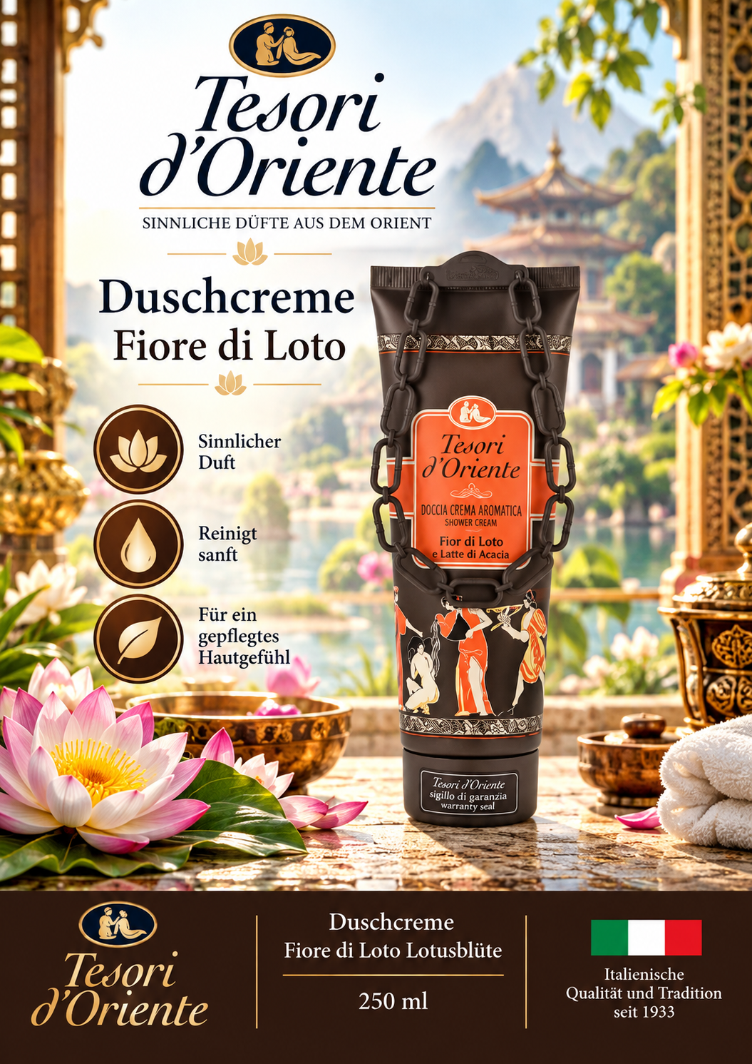 Duschcreme, Lotusblüte, Lotusduft, Schwarze Verpackung, 250 ml