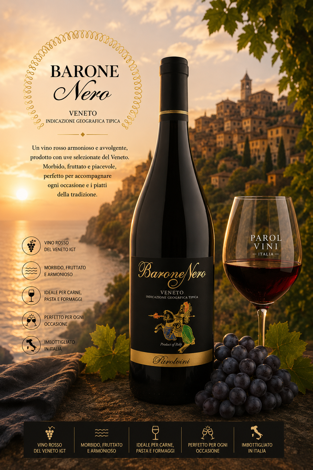 Wein, Rotwein, Barone Nero, Veneto, Italien, Flasche, Weinglas, Trauben, Etikett, Italienischer Wein