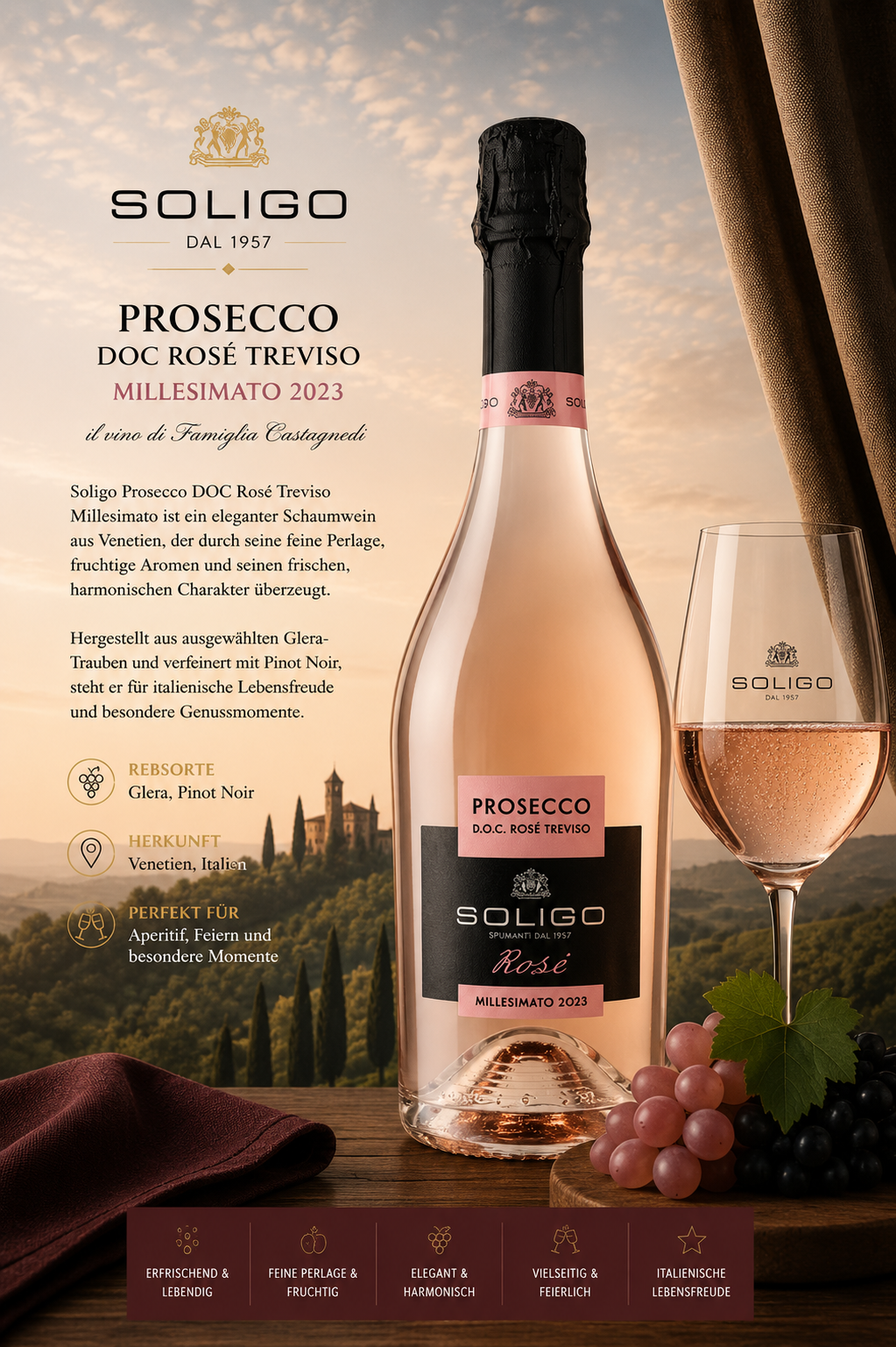 Prosecco, Rosé, Treviso, Miluesimato 2023, Flasche
