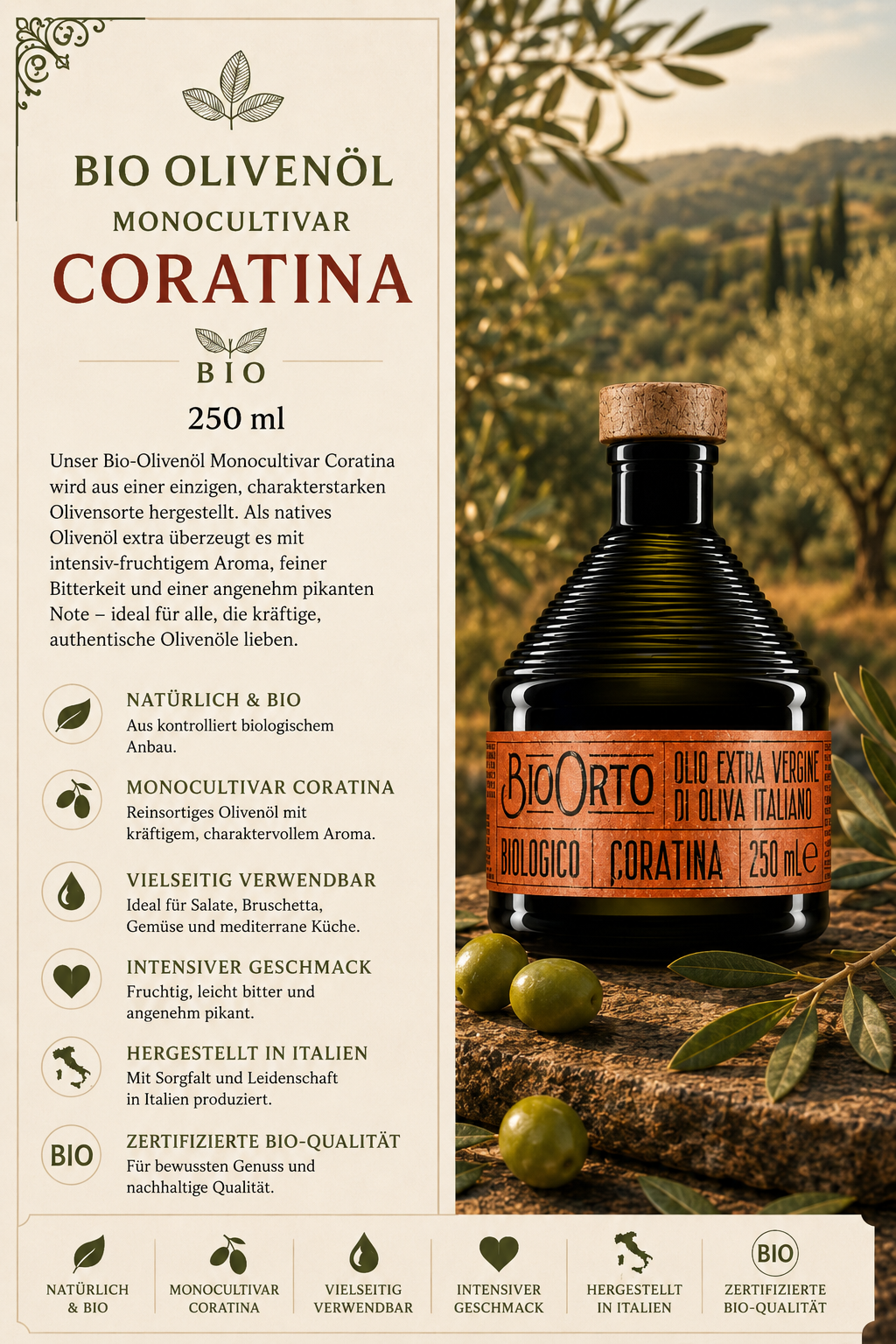 Olivenöl, Bio, Monocultivar, Coratina, 250 ml