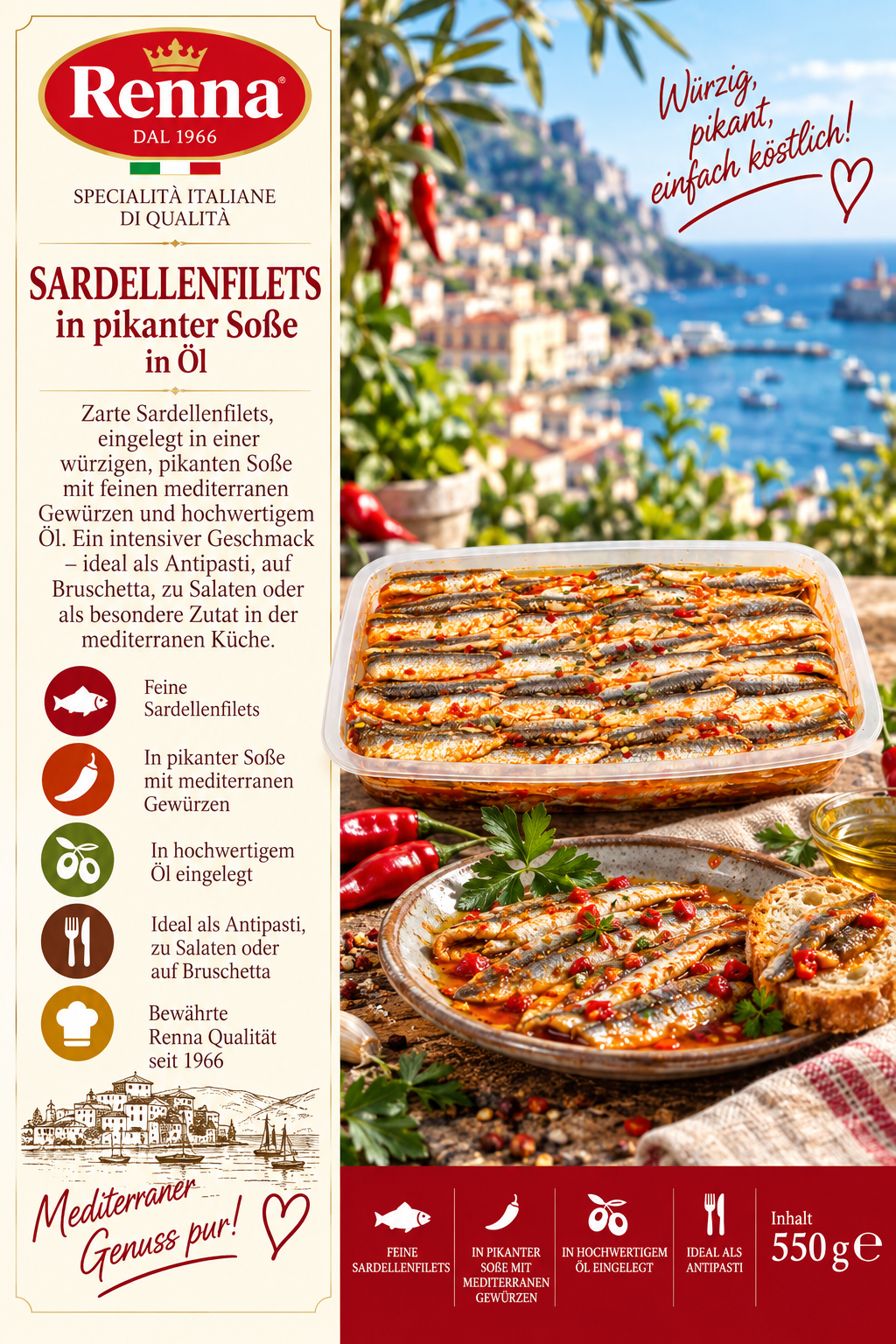 Sardellenfilets, pikante Soße, Olien, Mediterrane Küche, Braten/Auflauf