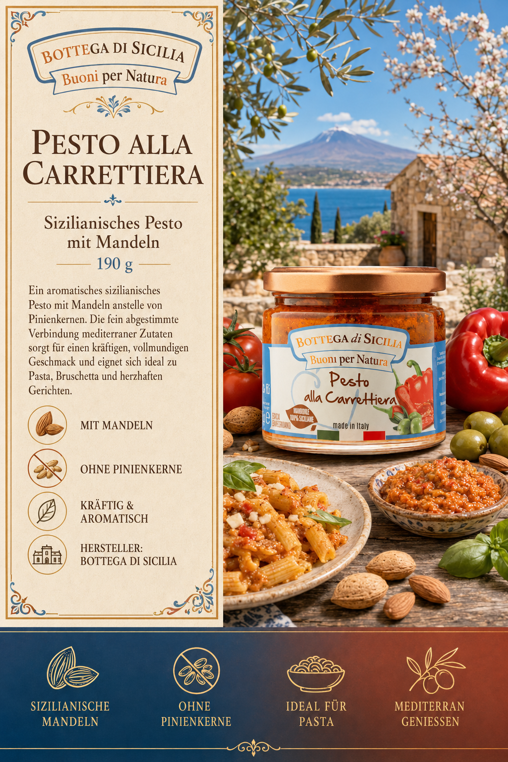 Pesto, Pasta-Soße, mit Mandeln, Mediterraner Geschmack, Pasta