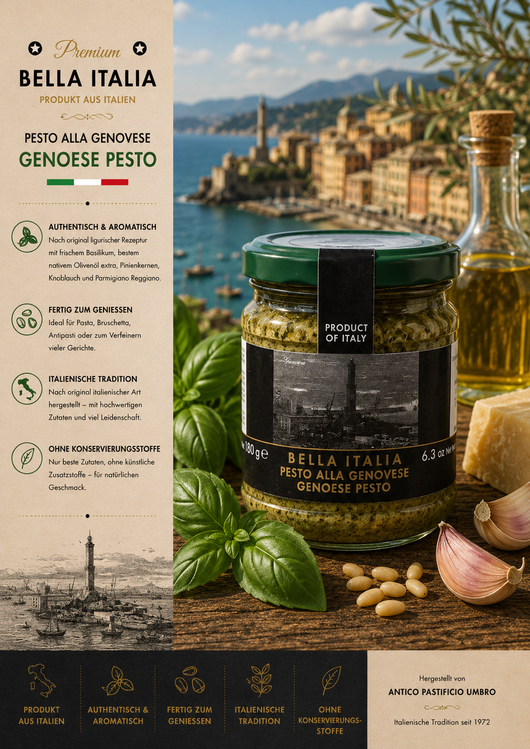 Pesto, Pesto alla Genovese, Genovese Pesto, Glas jar, Italienische Tradition