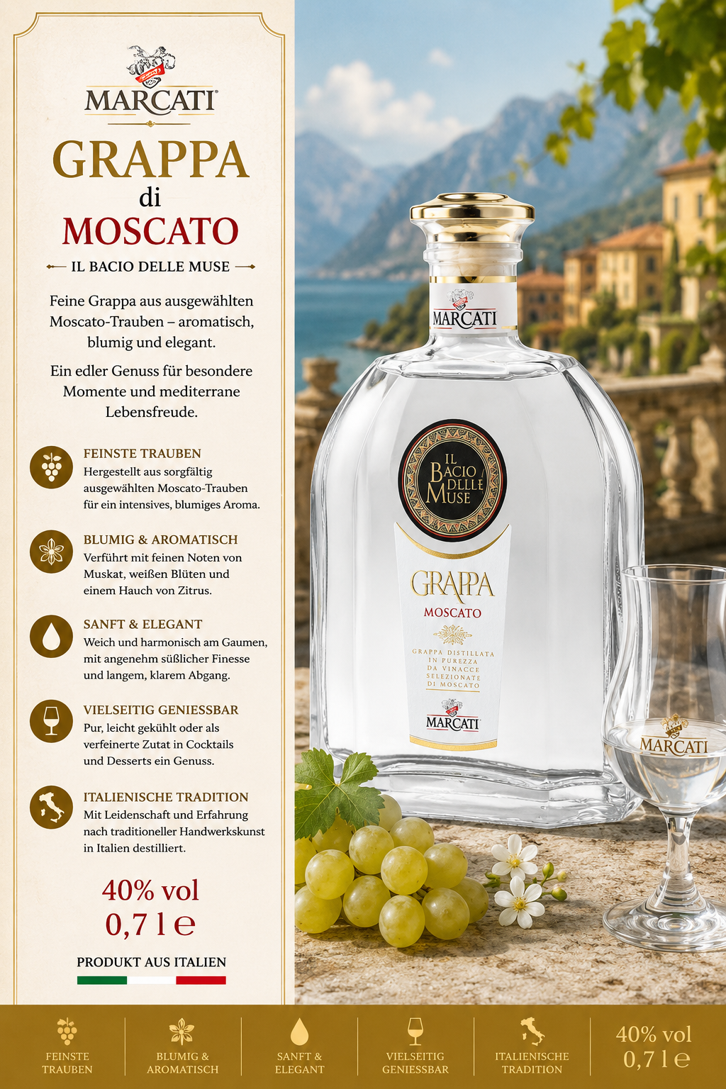 Grappa, Moscato, Glasbehälter, Trauben, Italienische Tradition