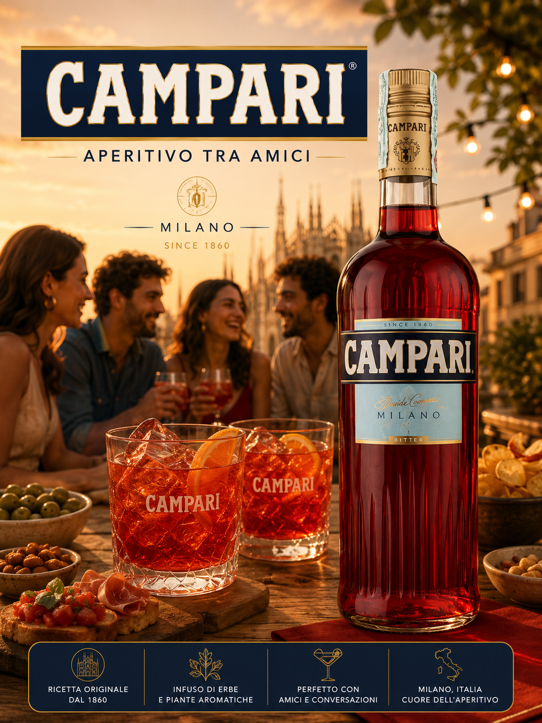 Campari Flasche, Cocktail-Aperitif, Rotes Getränk, Gläser mit Eis, Italienische Marke
