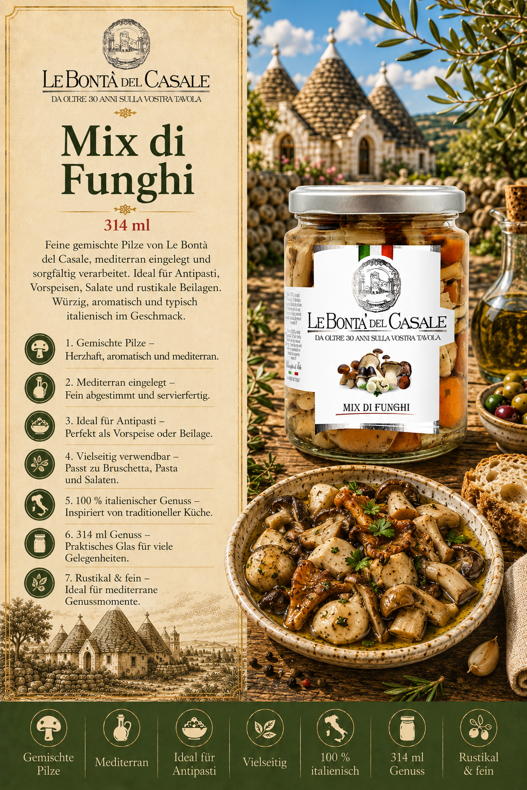 Mix di Funghi, Pilze, Glas mit Pilzen, Mediterrane Gewürze, Le Bon ta Del Casale