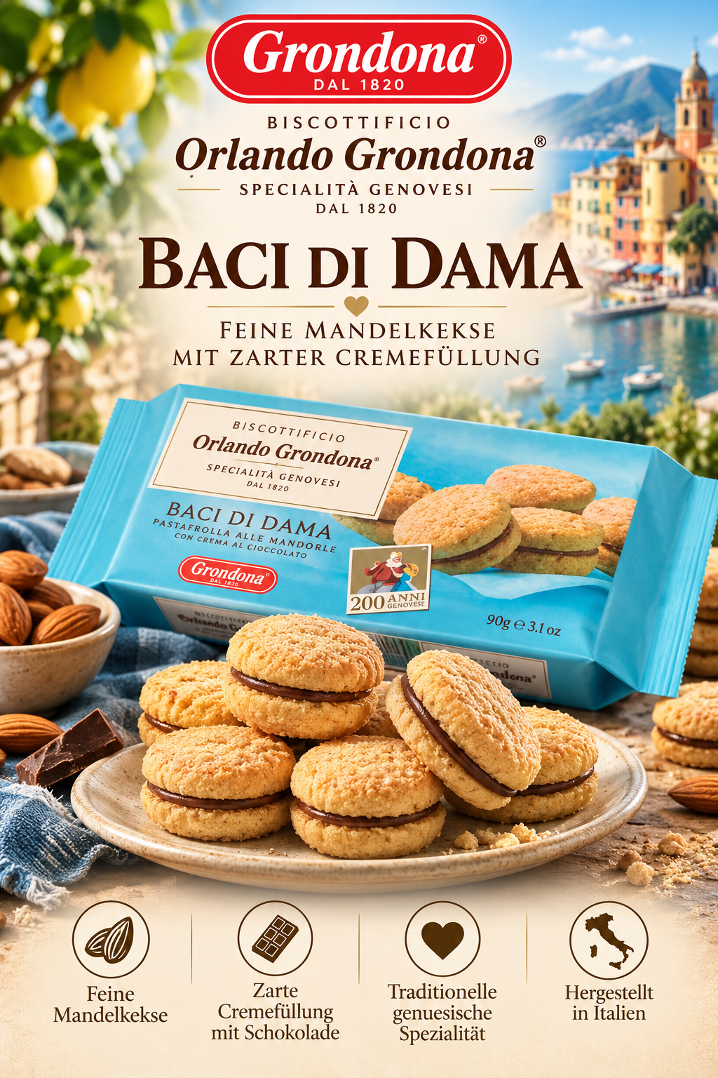 Mandelkeks, Baci di Dama, Schokoladenfüllung, italienische Kekse, Muster/Kekse
