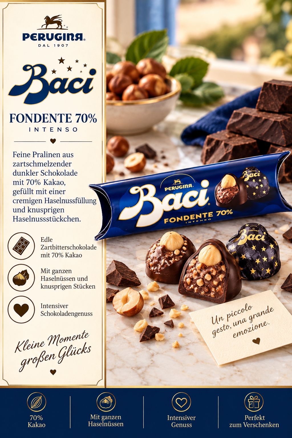 Schokolade, Fondente, 70% Kakao, Haselnüsse, Pralinen