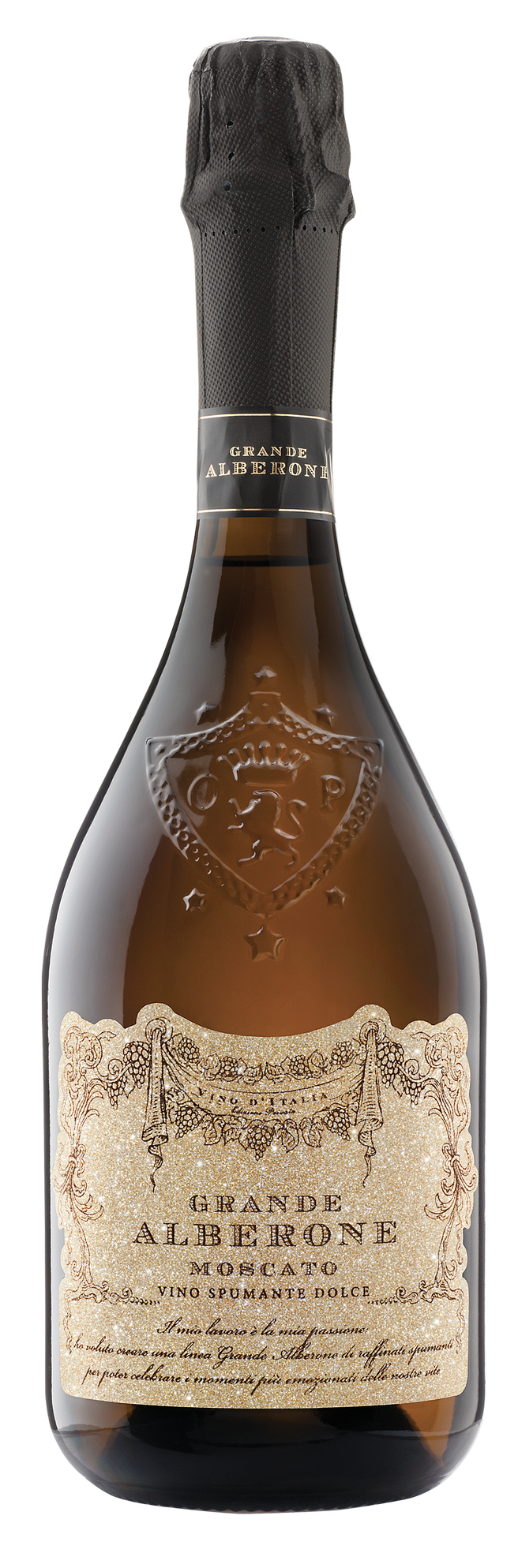Sektflasche, Schaumwein, Moscatto, Glasgewand, Label vintage