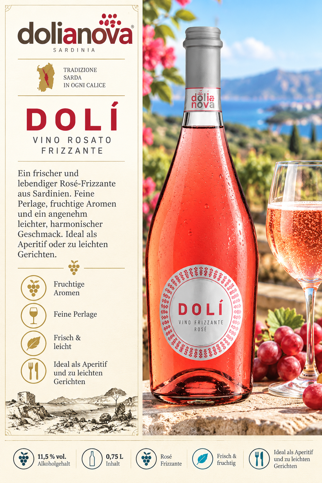Rosé, Vino Frizzante, Glasflasche, Fruchtaromen, Feine Perlage