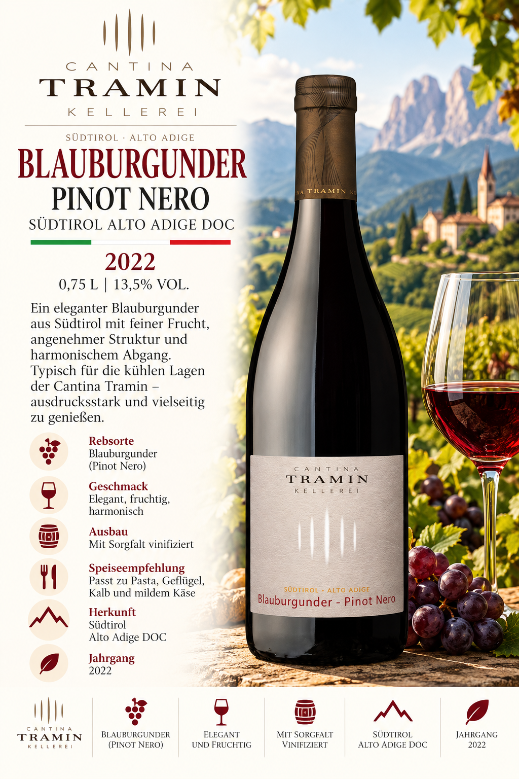 Pinot Noir, Blauburgunder, Weinflasche, Rotwein, Kellerei Cantina Tramin