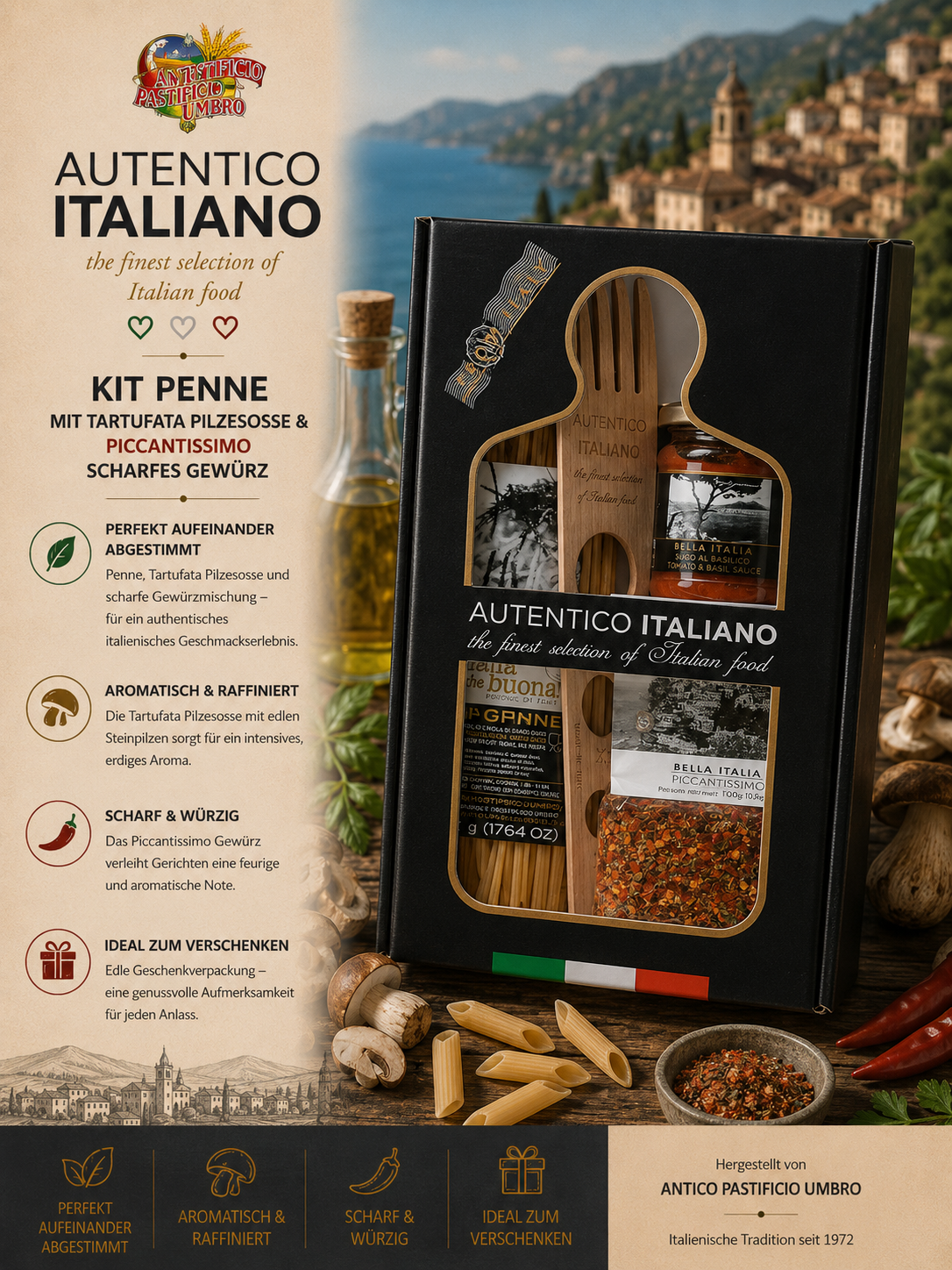 Kit Penne, Pasta Geschenkset, Pfeffer, Italienische Küche, Gewürze