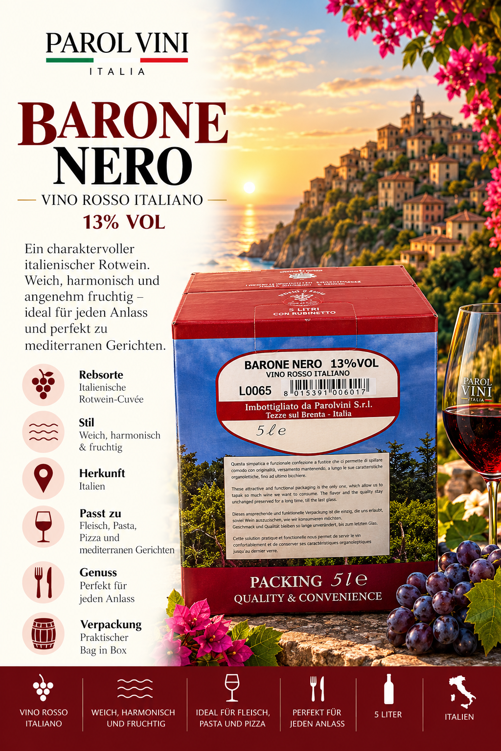 Rotwein, Italienisch, Barone Nero, 5l, Verpackung