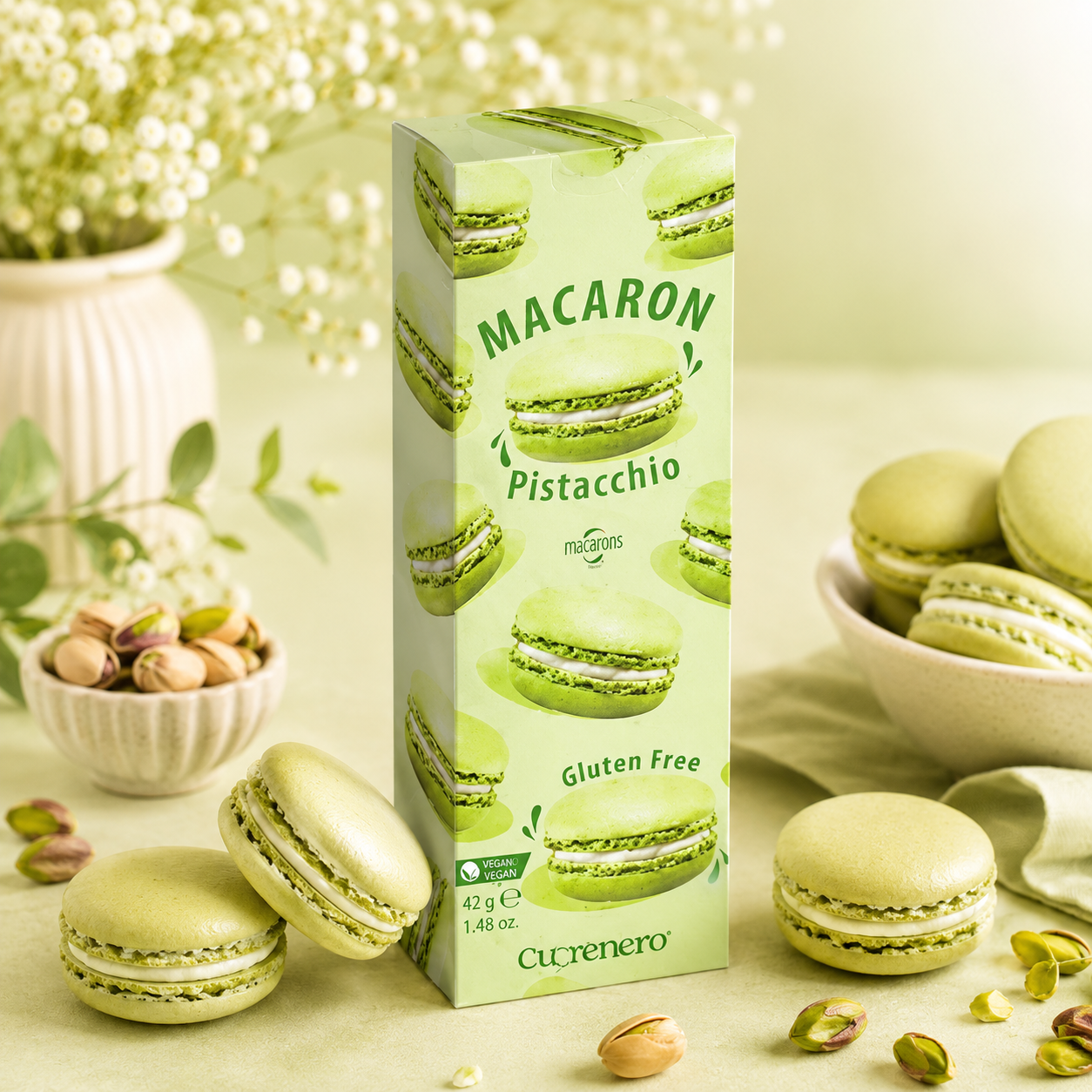 macaron, Pistazie, glutenfrei, vegan, Schachtel