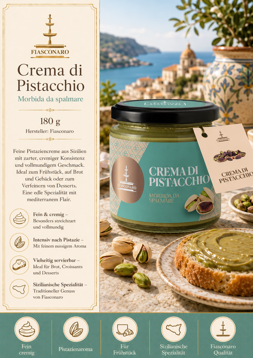 Crema di Pistacchio, Pistaziencreme, 180 g, Glas jar, Mediterraner Geschmack