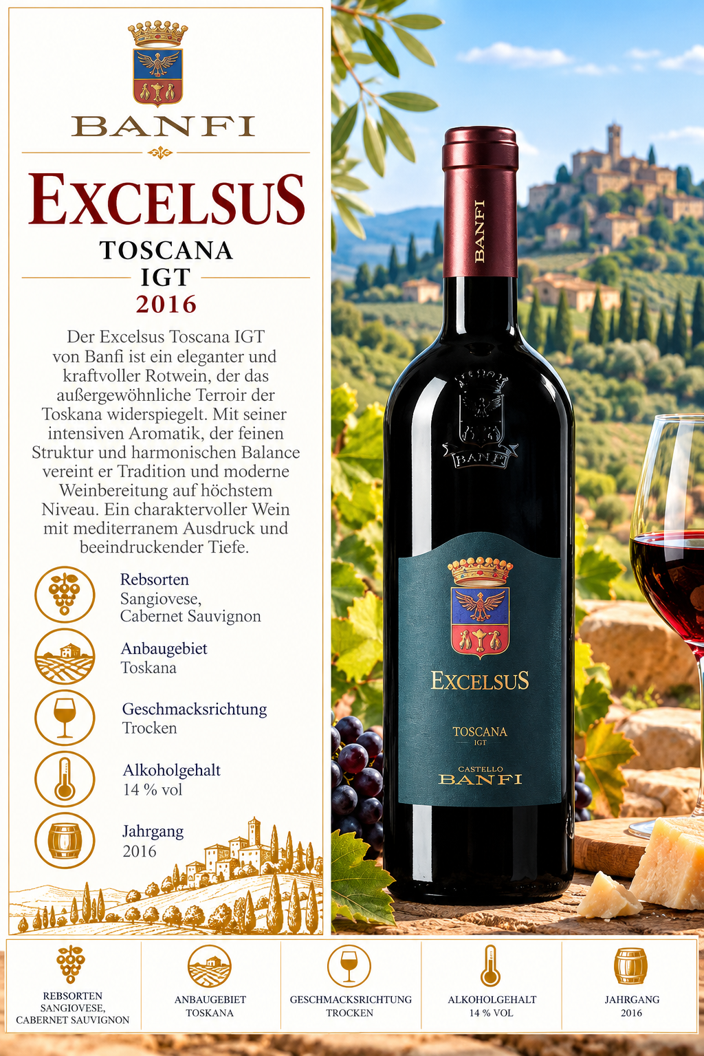 Rotwein, Toscana, IGT, Alkoholgehalt 14%, Jahrgang 2016