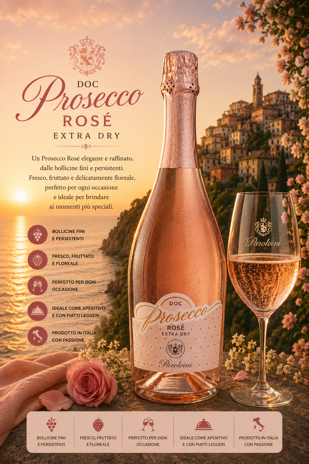 Prosecco, Rosé, Extra Dry, Champagne bottle, Weinglas