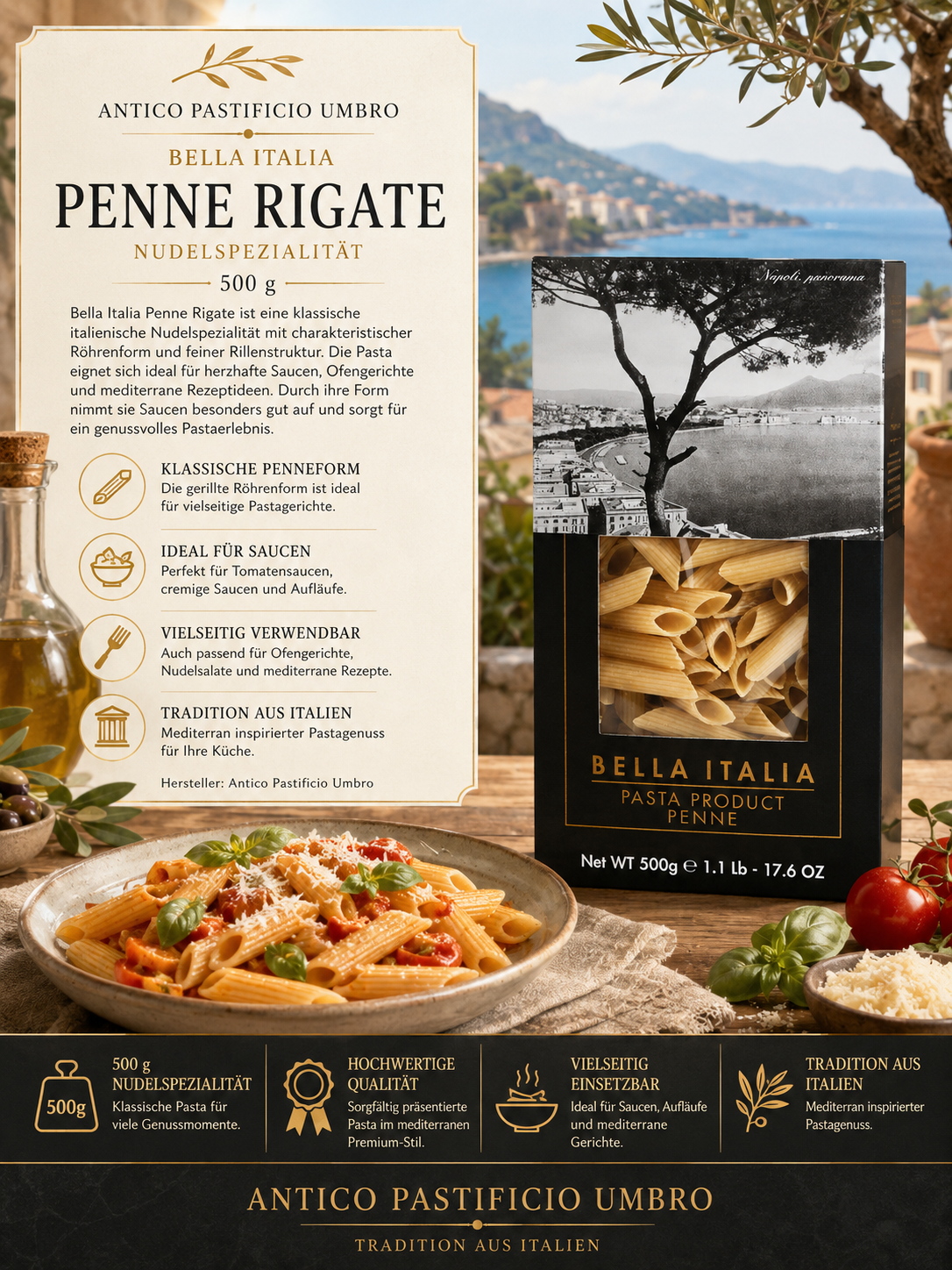 Penne Rigate, Nudelspezialität, Pasta, 500 g, Italienische Herkunft