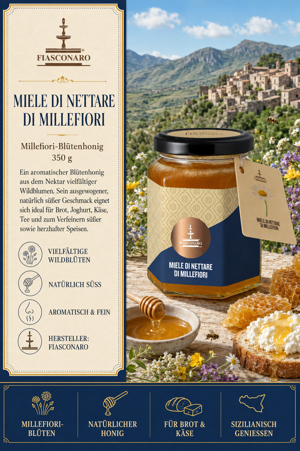 Miele di nettare, Millefiori, Blütenhonig, Glas jar, Honigkauf|butterbrotart