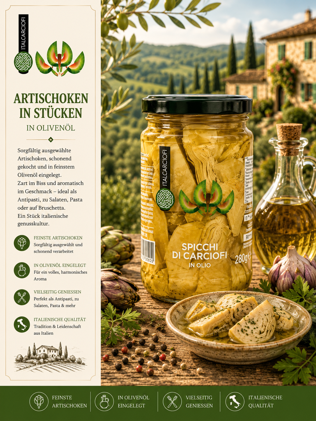 Artischocken, in Stücke, In Olivenöl, Glas jar, Italienische Qualität