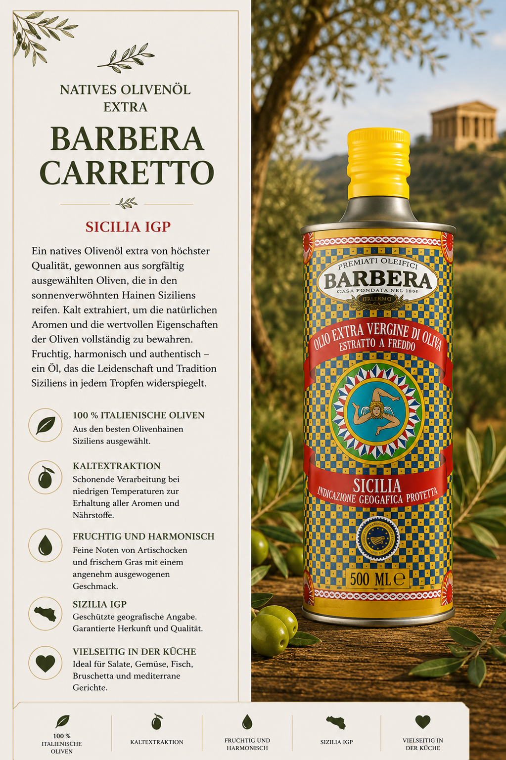 Olivenöl, Barbera, Sicilia, 500 ml, Kaltextraktion