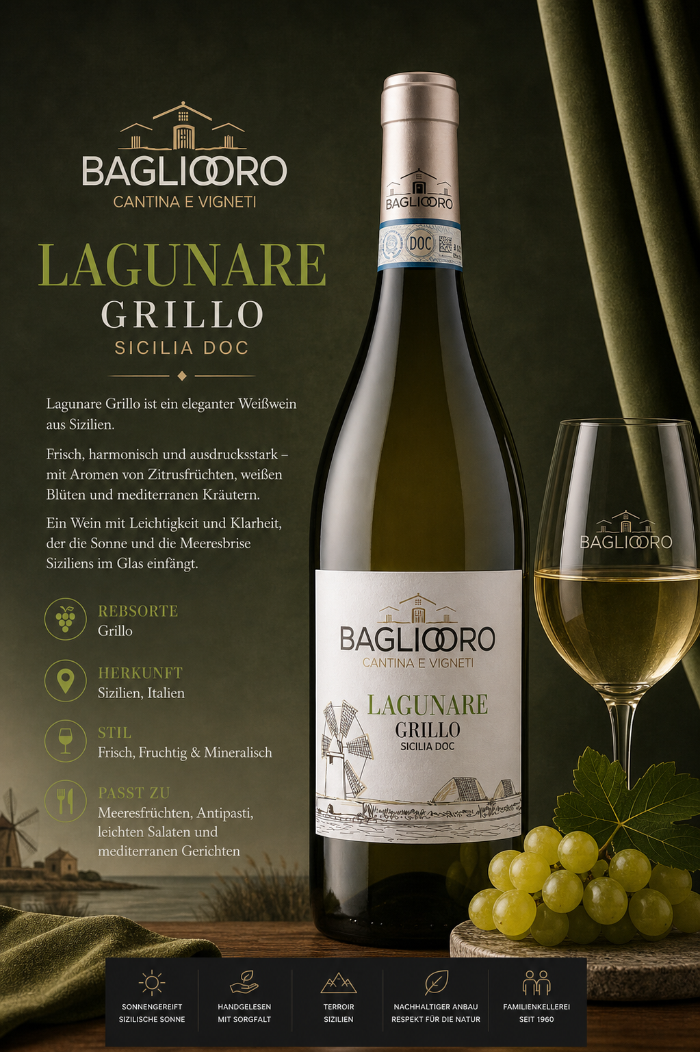 Weißwein, Lagunare Grillo, Sizilien, Weinfläsche, Weinglas