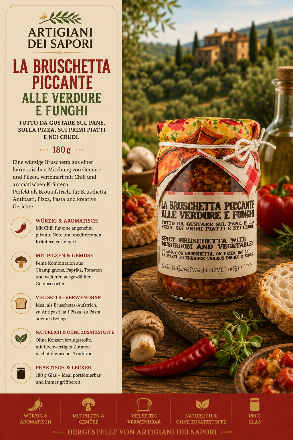 Bruschetta, Piccante, Alle ver..., Glas 180ml, Gemüse-Mischung