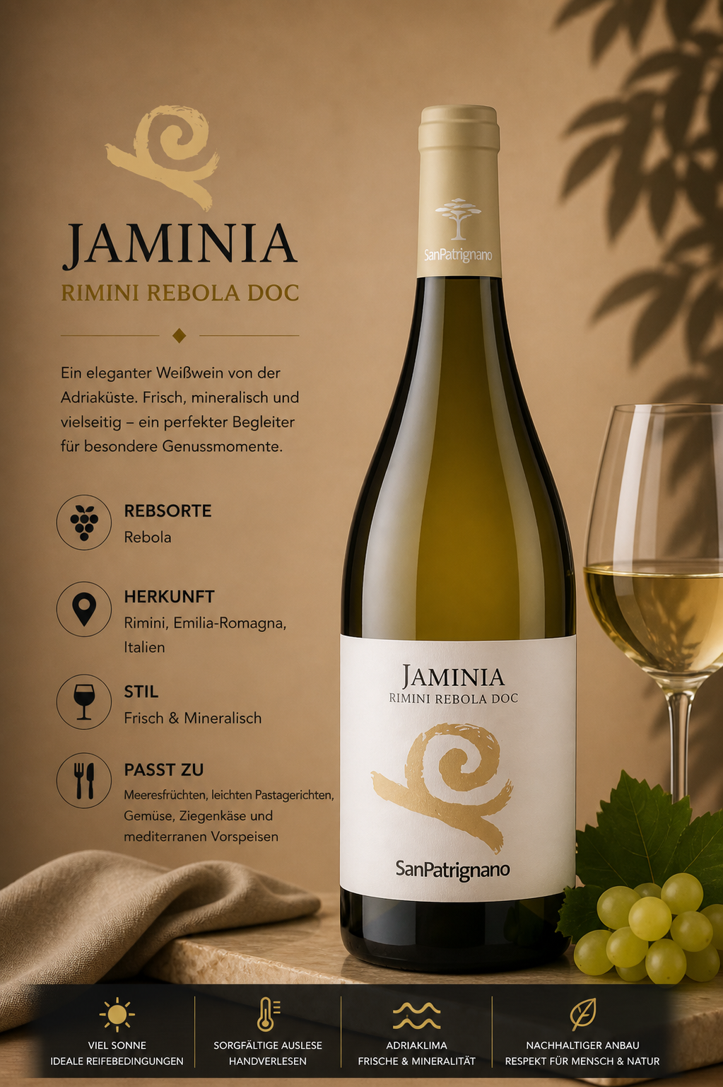 Weißwein, Ribola Rebala Doc, Weißwein Flasche, Santal Patrignano, Grüner Wein