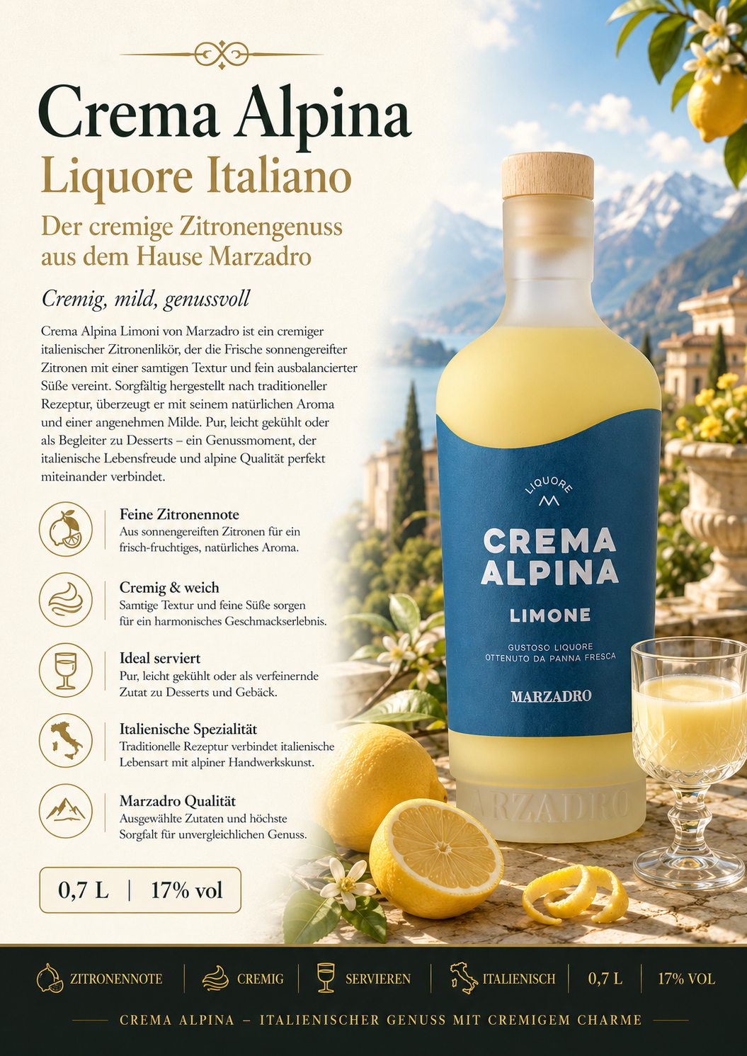Limoncello, Likore Italian, Crema Alpina, Limone, Italienisches Getränk