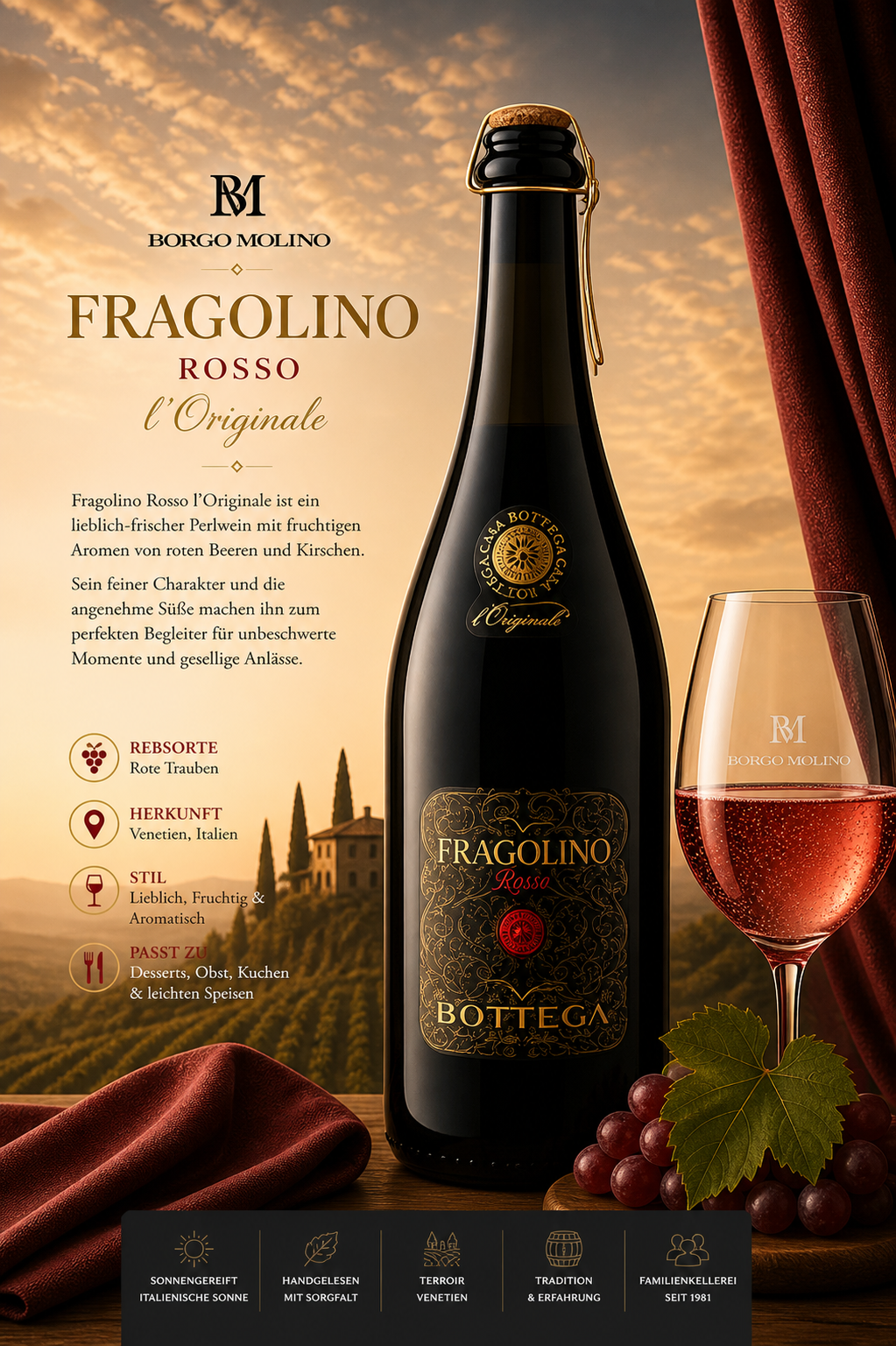 Fragolino Rosso, Rotwein, Bottiglia vino, Glas Wein, Italienischer Wein