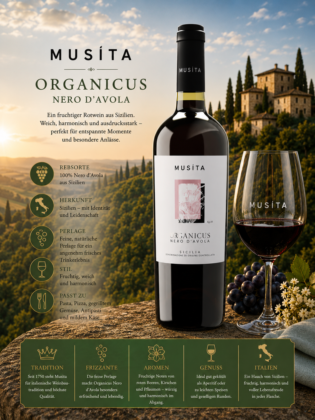 rotwein, organischerwein, nero d'avola, flasche, glaswein