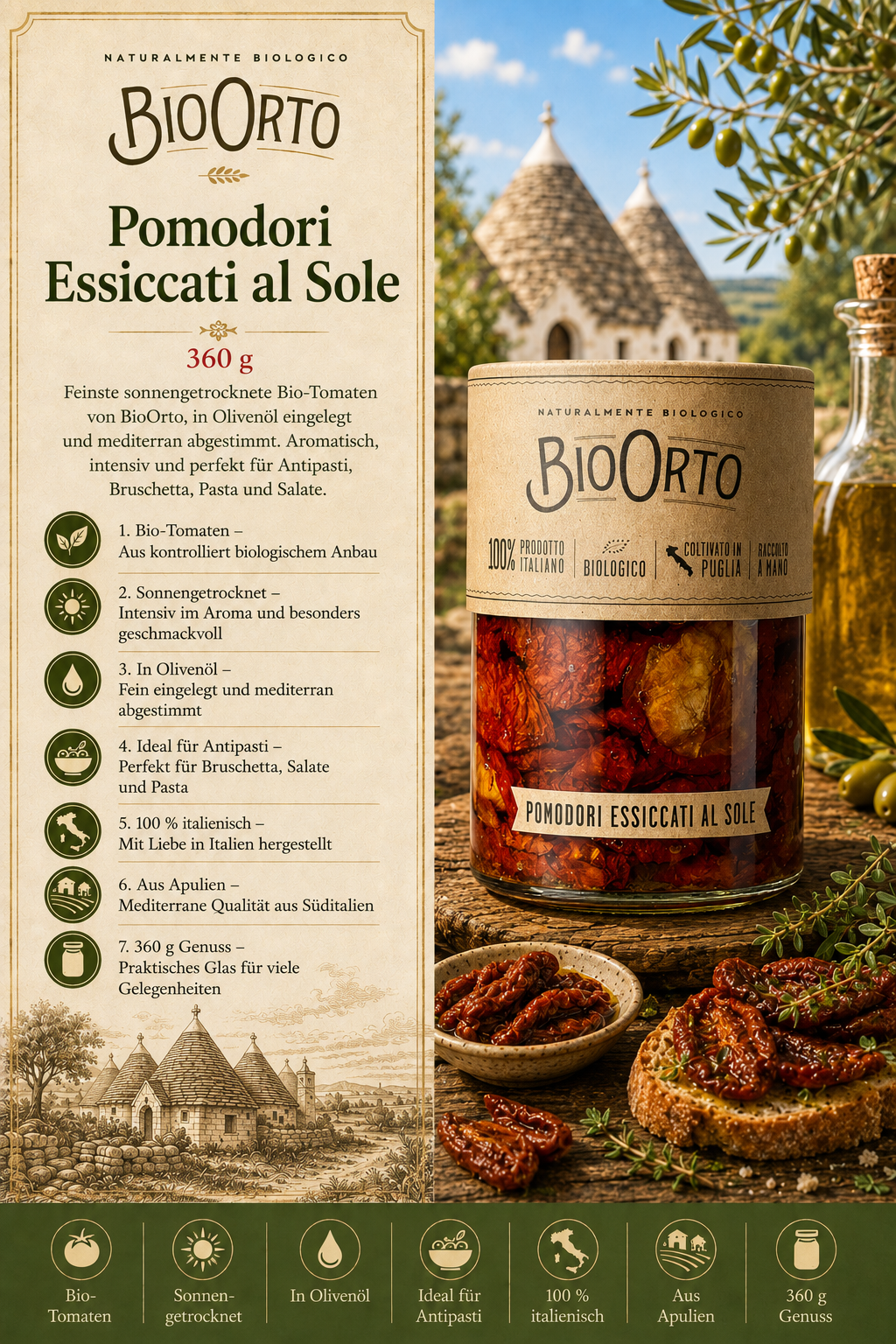 Tomate, getrocknet, Olivenöl, Glas, Italienisch