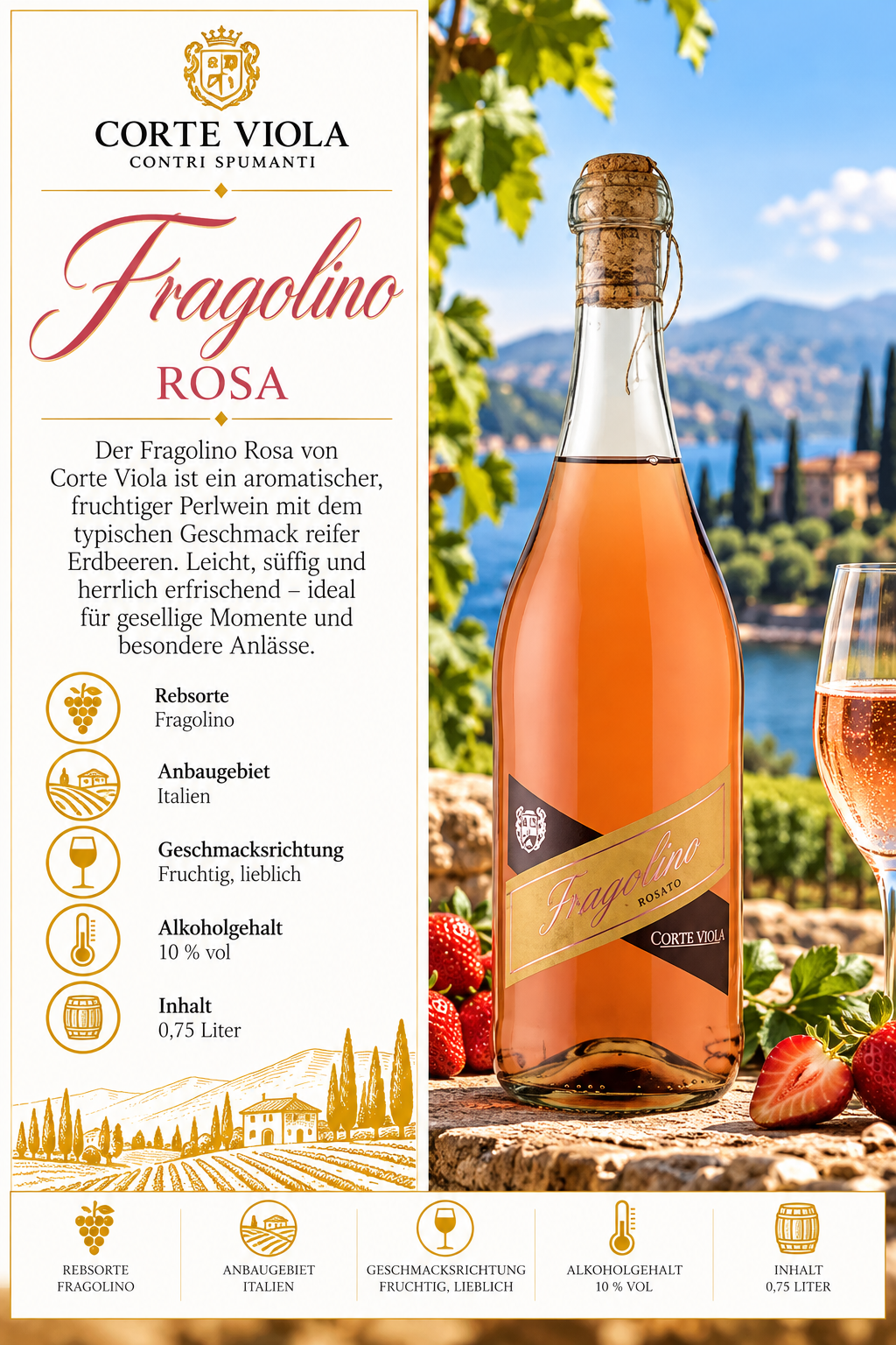 Rosé, Frangelino, Fragolino Rosa, Alkoholkonsum 10%, Inhalt 0,75 Liter