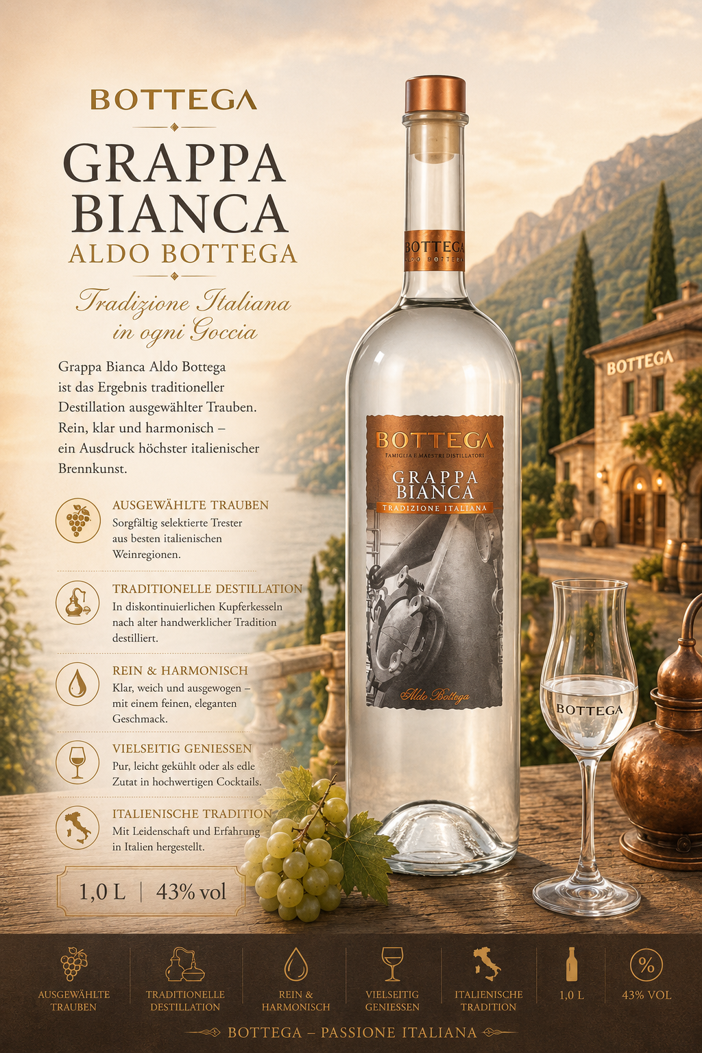 Grappa, Grappa Bianca, Aldo Bottega, Distillat, Italienische Tradition