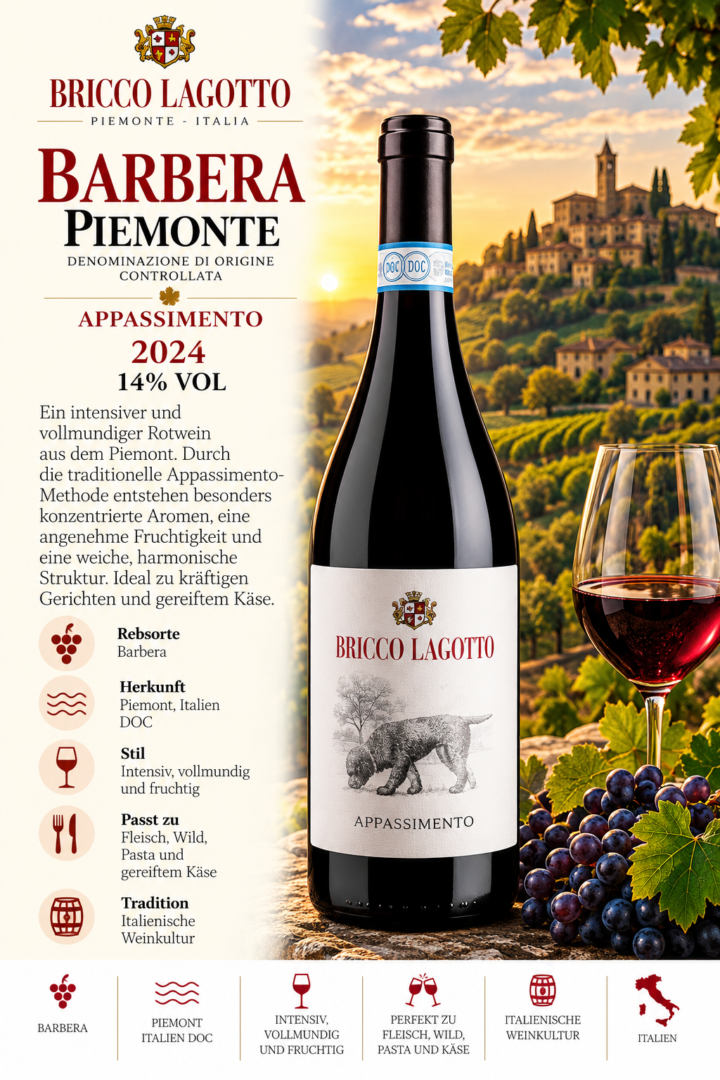 Barbera, Barbera Piemonte, Rotwein, Weinglas, Trauben