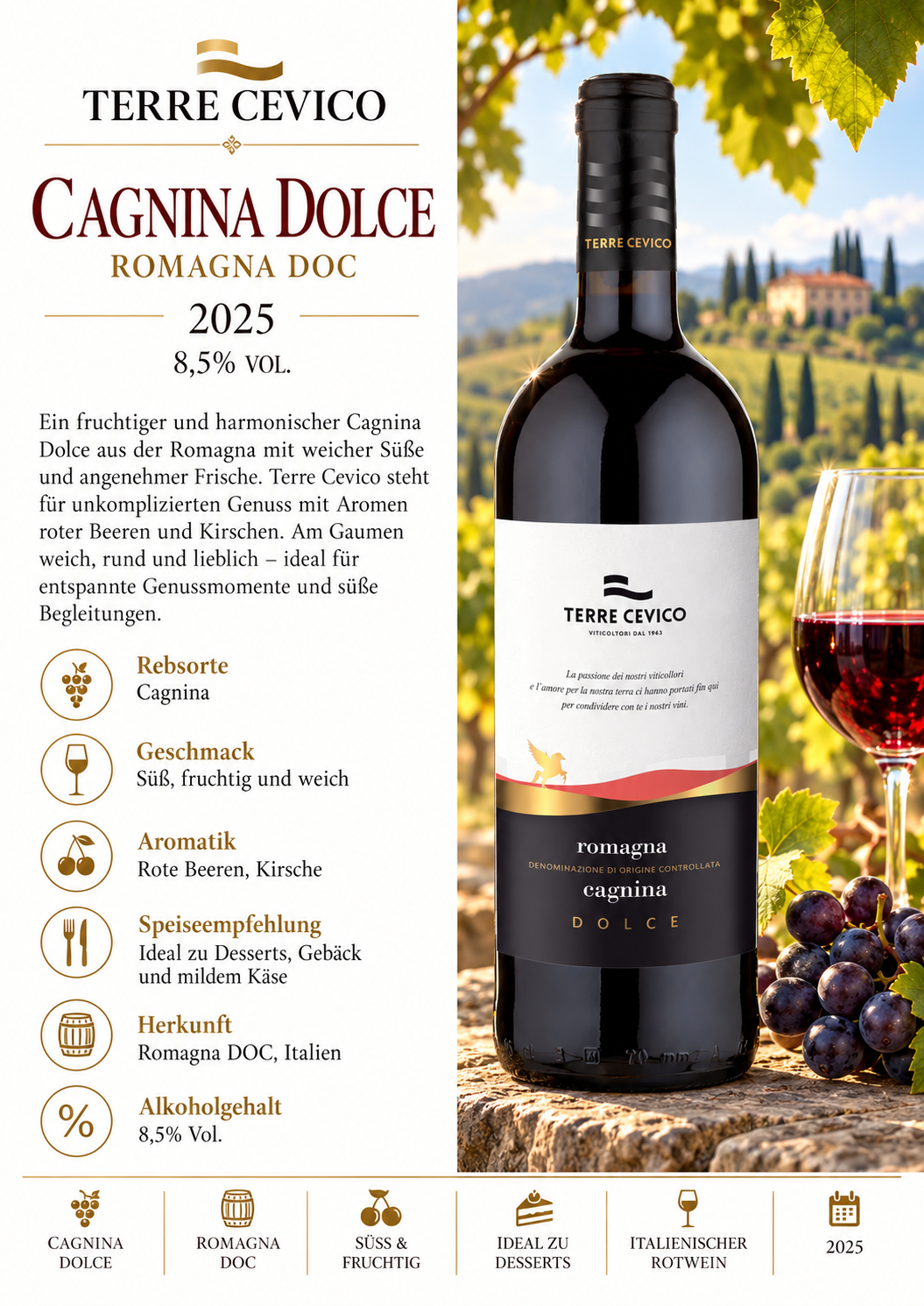 wein, cagnina, romagna, dolce, flasche