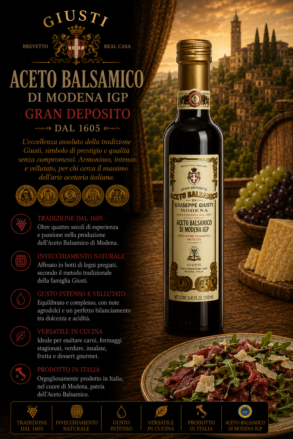 Aceto Balsamico, Gran Deposito, Modena, Flasche mit Etikett, Weinernte und Käse