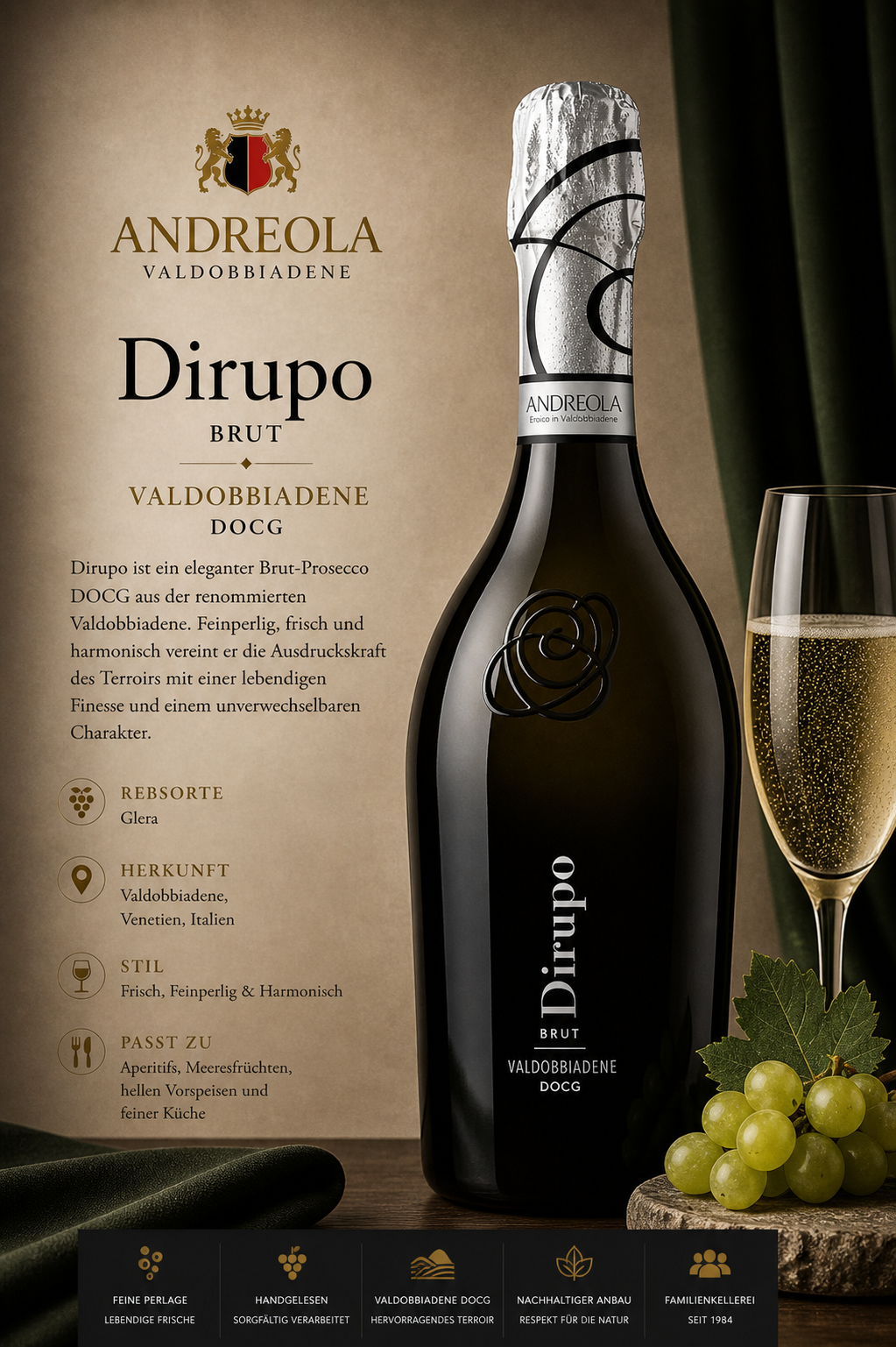 Prosecco, Sekt, Flasche, Glas, Gruppe Trauben