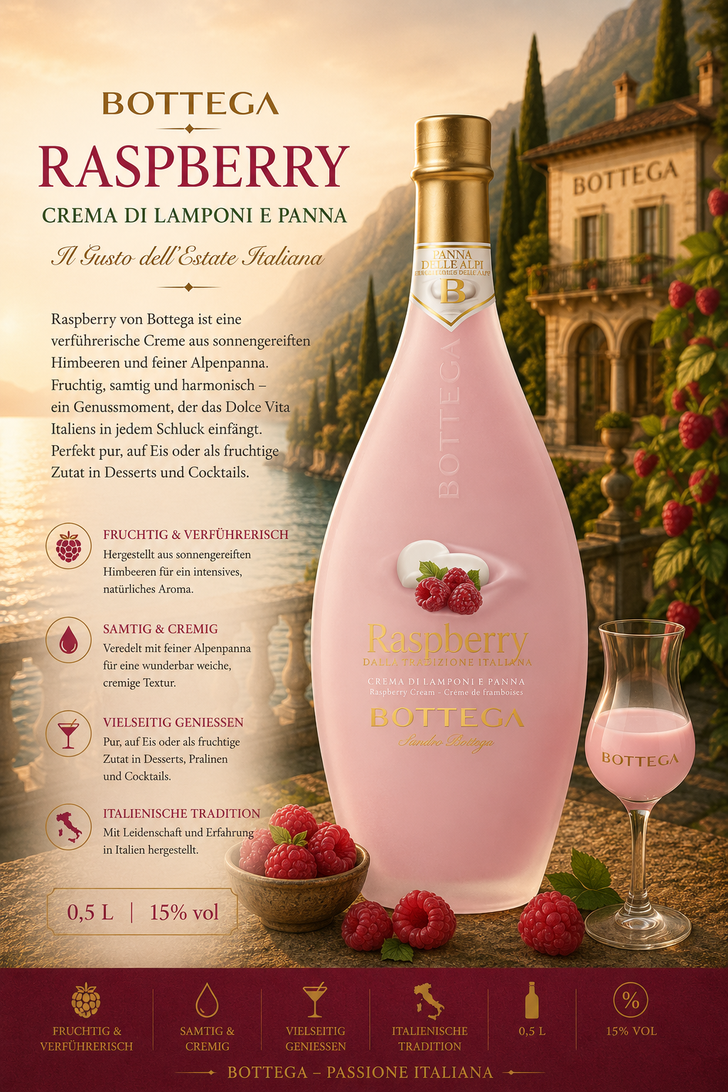 raspberry, liqueur, crema di lampone e panna, pink bottle, 0.5 L