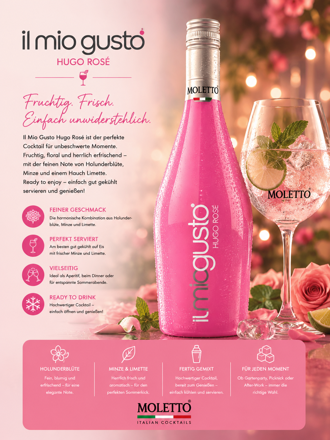 pink bottle, Cocktail, Rosé, italian cocktail, Flasche Etikett Moletto