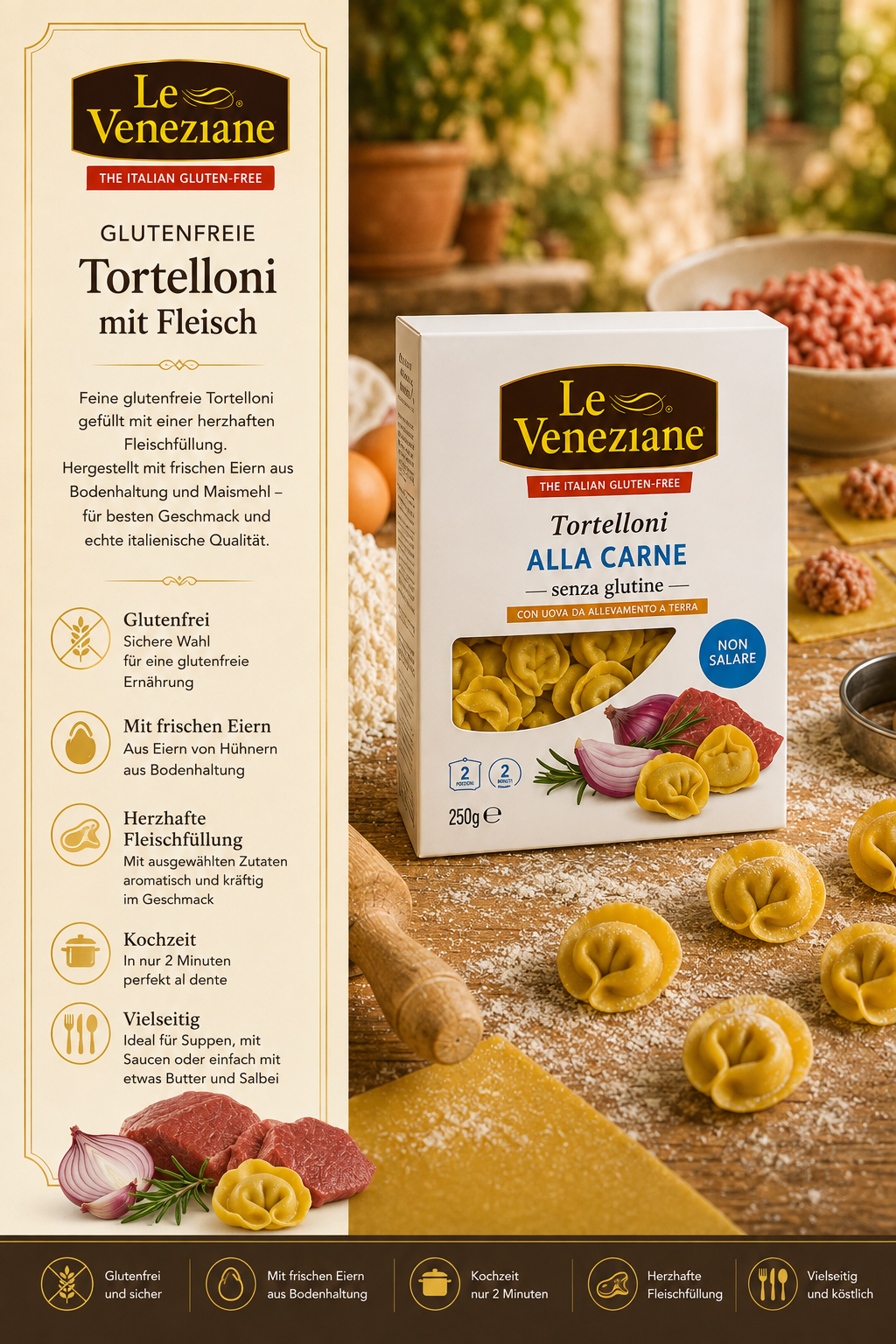 Tortelloni, Glutenfrei, Alla Carne, 250g, Trockenware