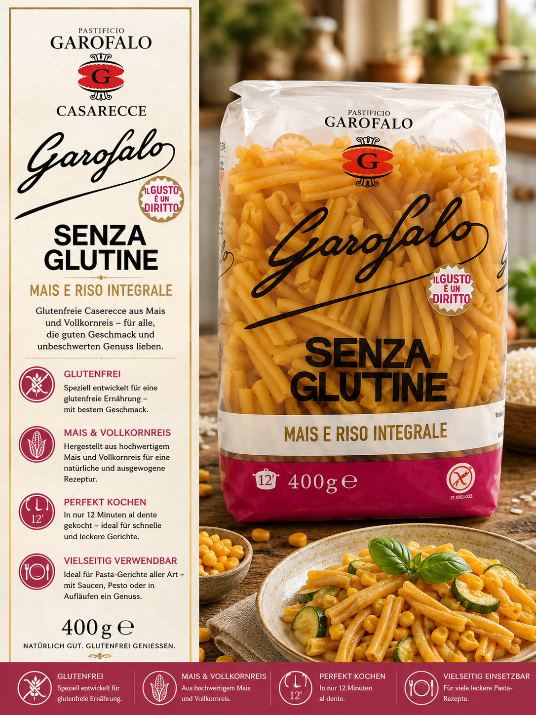 Senza Glutine, Glutenfrei, Pasta, Mais & Vollkornreis, 400 g