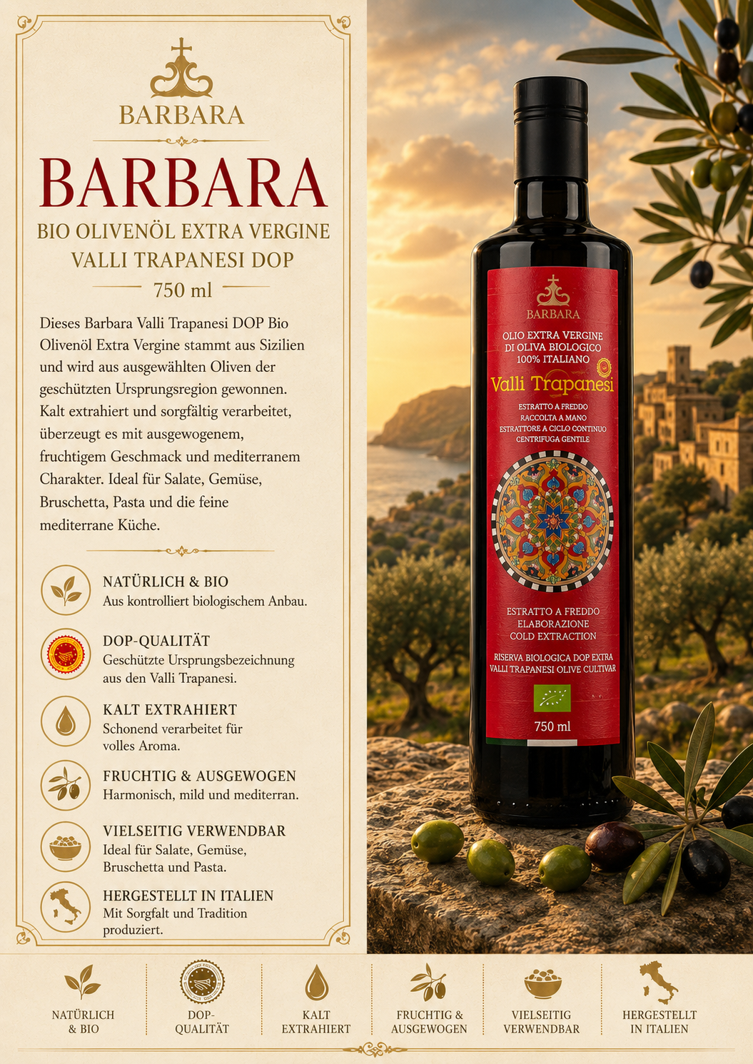 Olivenöl, Extra Vergine, Valli Trapanesi, 750 ml, Bio